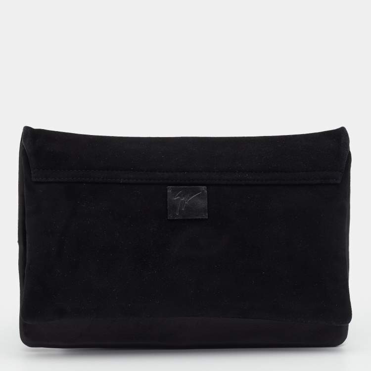 Pre Owned Giuseppe Zanotti Black Suede and Leather Embellished Zip Clutch