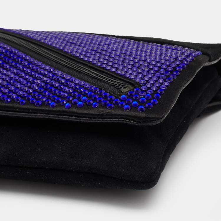 Pre Owned Giuseppe Zanotti Black Suede and Leather Embellished Zip Clutch