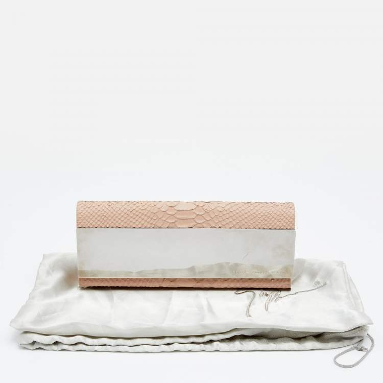 Pre Owned Giuseppe Zanotti Beige Python Embossed Leather Metal Trapezoid Clutch