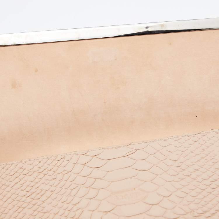 Pre Owned Giuseppe Zanotti Beige Python Embossed Leather Metal Trapezoid Clutch