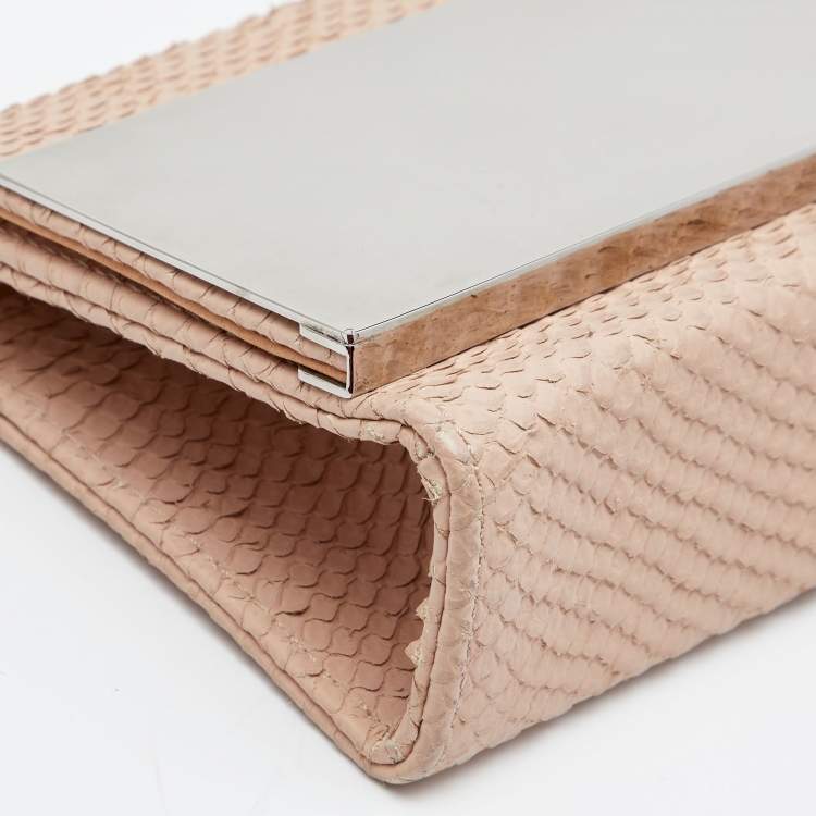 Pre Owned Giuseppe Zanotti Beige Python Embossed Leather Metal Trapezoid Clutch