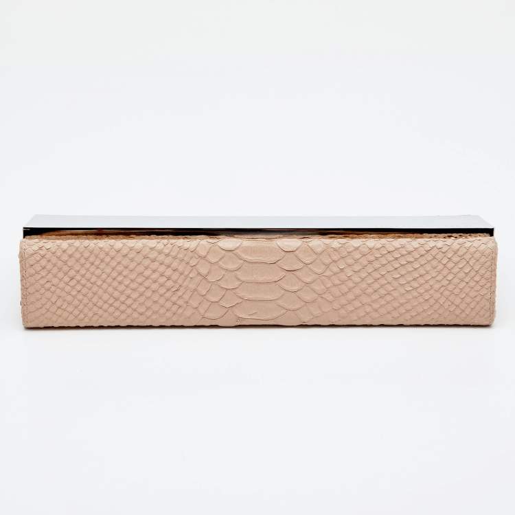 Pre Owned Giuseppe Zanotti Beige Python Embossed Leather Metal Trapezoid Clutch
