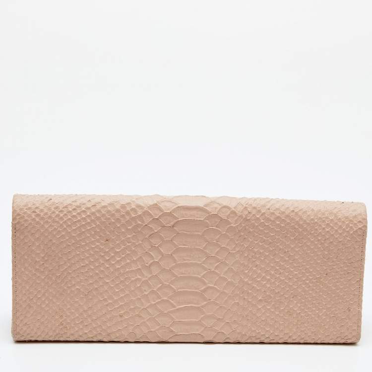 Pre Owned Giuseppe Zanotti Beige Python Embossed Leather Metal Trapezoid Clutch