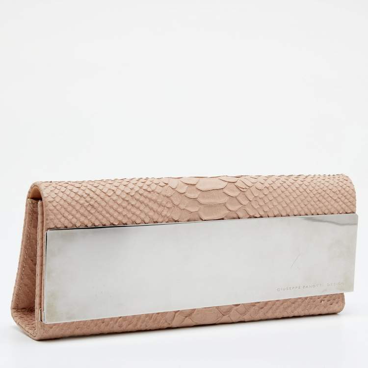 Pre Owned Giuseppe Zanotti Beige Python Embossed Leather Metal Trapezoid Clutch