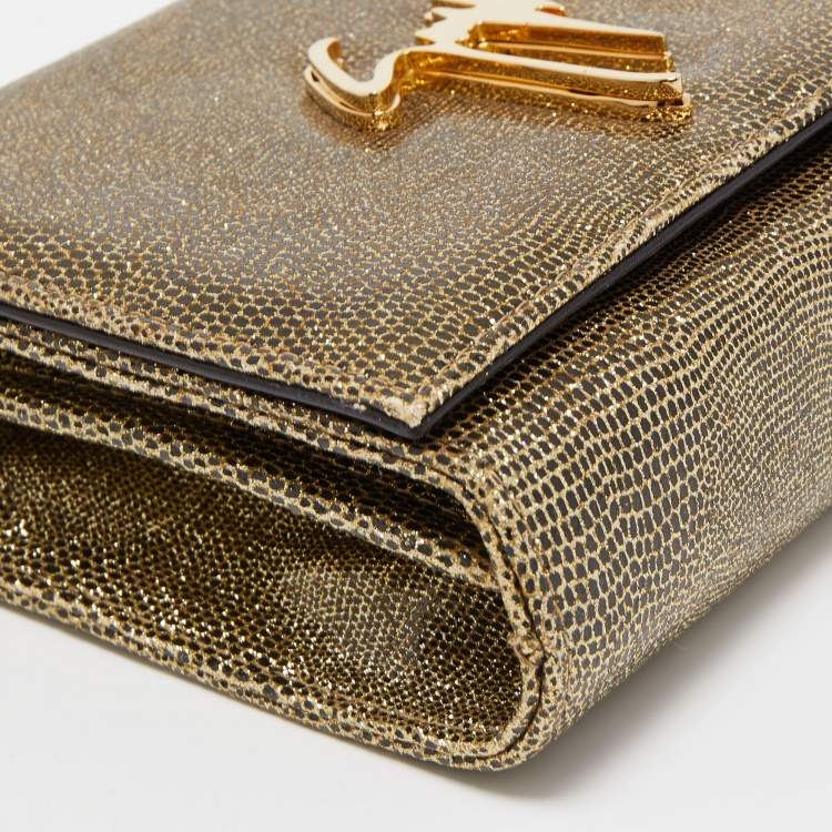 Pre Owned Giuseppe Zanotti Gold Lizard Effect Leather Chain Flap Shoulder Bag