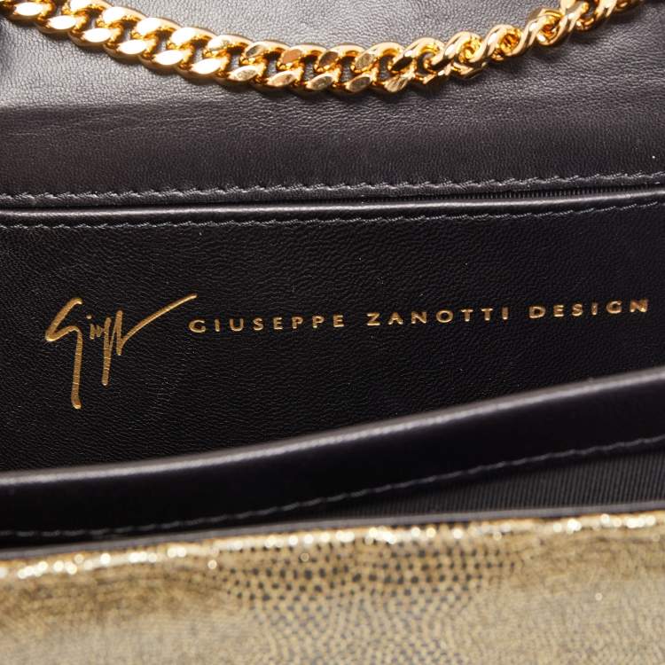 Pre Owned Giuseppe Zanotti Gold Lizard Effect Leather Chain Flap Shoulder Bag