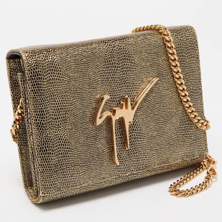 Pre Owned Giuseppe Zanotti Gold Lizard Effect Leather Chain Flap Shoulder Bag