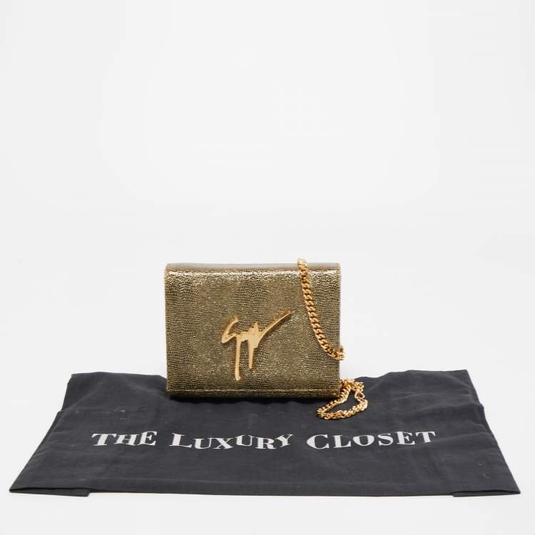 Pre Owned Giuseppe Zanotti Gold Lizard Effect Leather Chain Flap Shoulder Bag