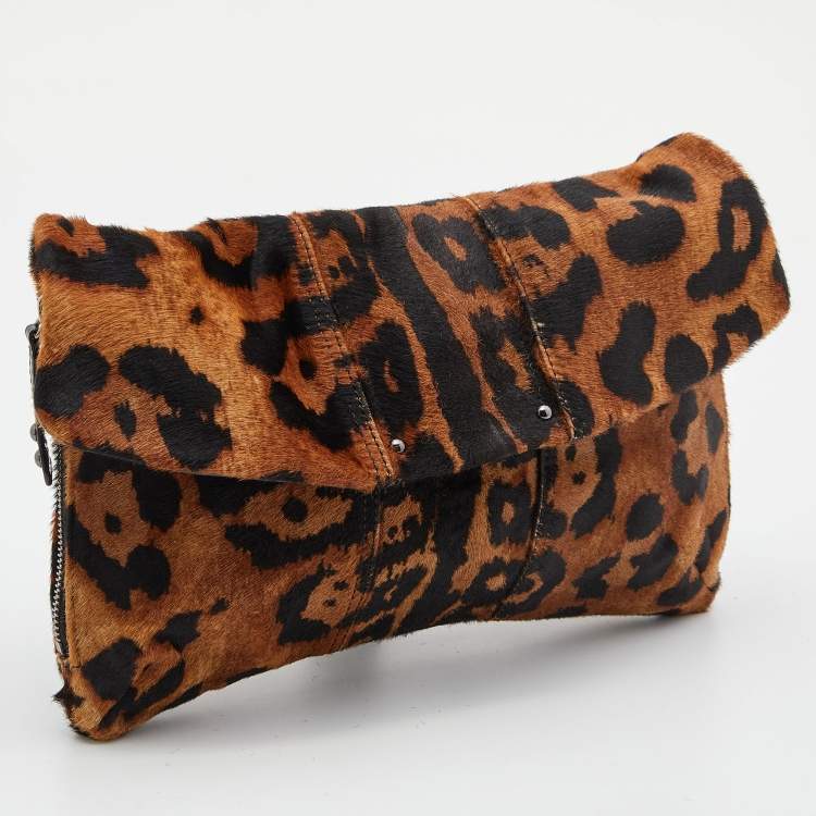 Pre Owned Giuseppe Zanotti Brown Leopard Print Calfhair Flap Clutch
