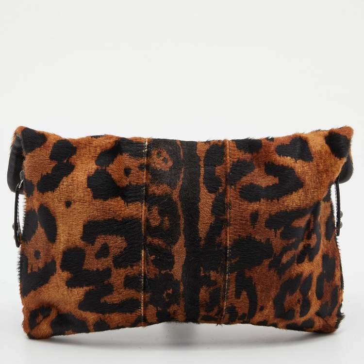 Pre Owned Giuseppe Zanotti Brown Leopard Print Calfhair Flap Clutch