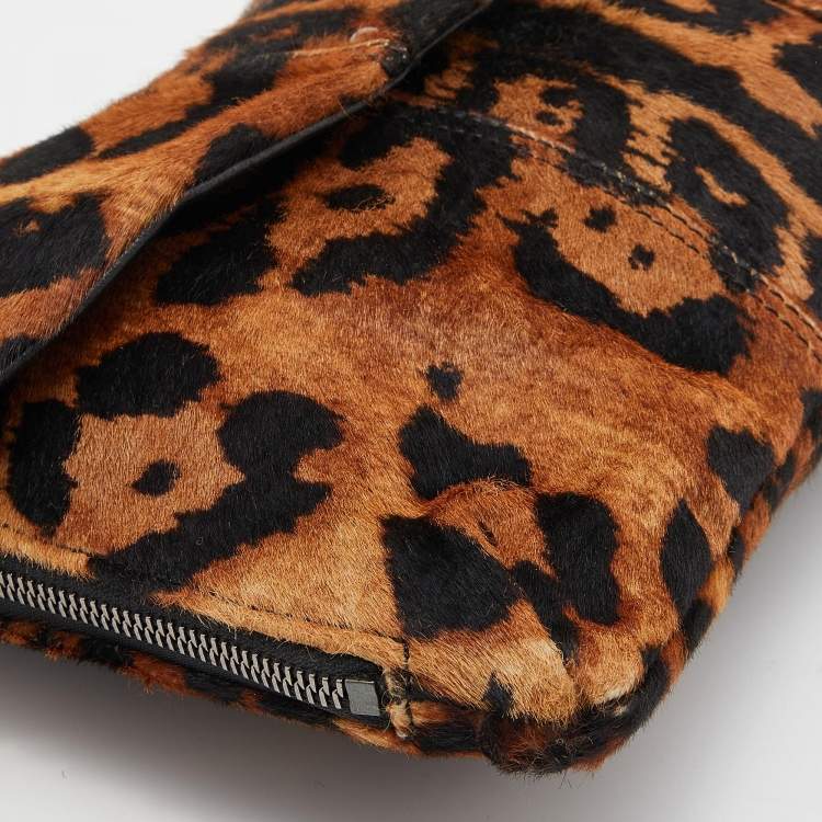 Pre Owned Giuseppe Zanotti Brown Leopard Print Calfhair Flap Clutch