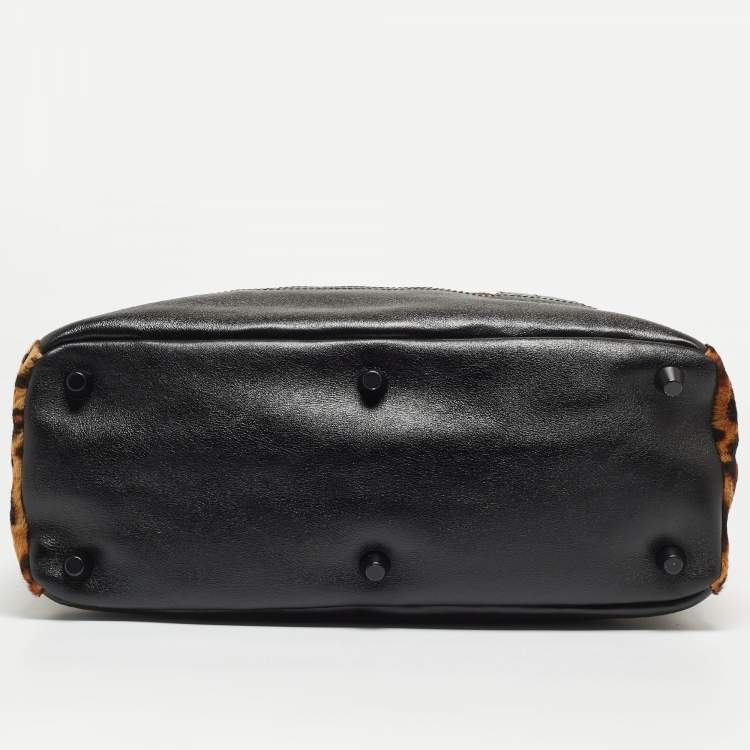 Pre Owned Giuseppe Zanotti Black/Brown Leopard Print Calf Hair and Leather Satchel