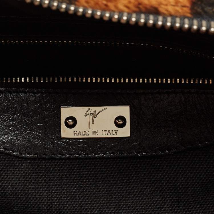 Pre Owned Giuseppe Zanotti Black/Brown Leopard Print Calf Hair and Leather Satchel