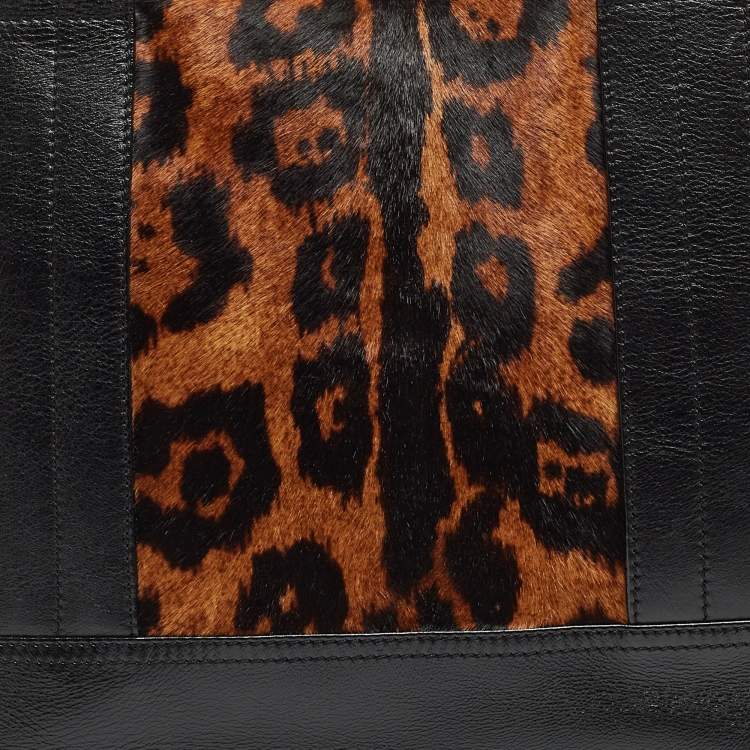 Pre Owned Giuseppe Zanotti Black/Brown Leopard Print Calf Hair and Leather Satchel