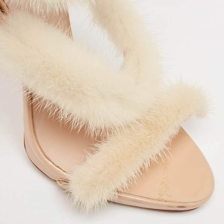 Pre Owned Giuseppe Zanotti Beige Mink Fur and Textured Leather Ankle Strap Sandals Size 37