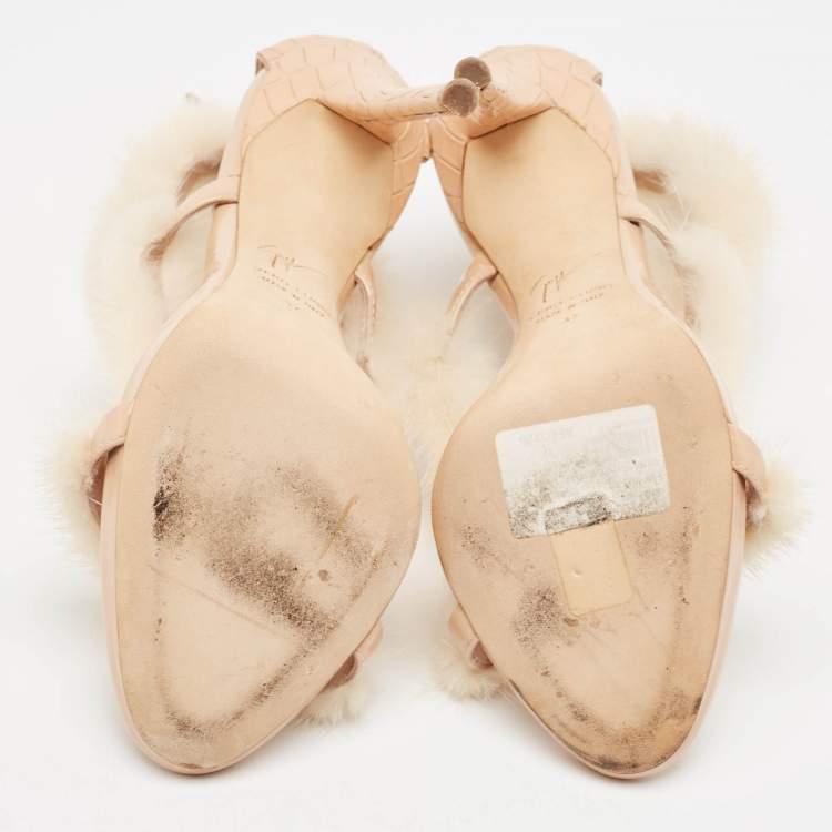Pre Owned Giuseppe Zanotti Beige Mink Fur and Textured Leather Ankle Strap Sandals Size 37