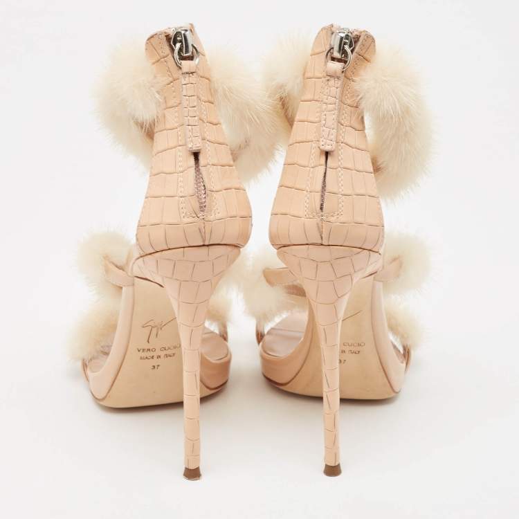 Pre Owned Giuseppe Zanotti Beige Mink Fur and Textured Leather Ankle Strap Sandals Size 37
