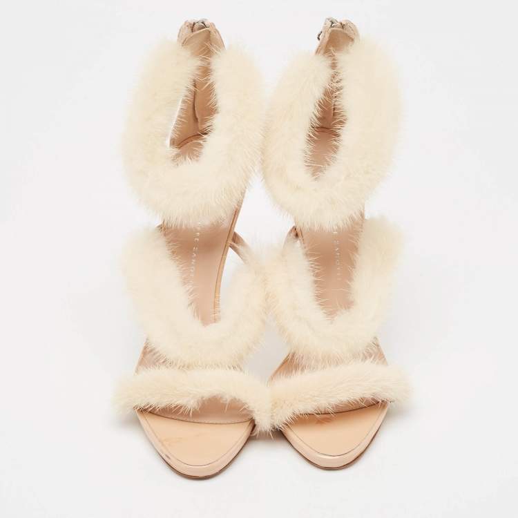 Pre Owned Giuseppe Zanotti Beige Mink Fur and Textured Leather Ankle Strap Sandals Size 37