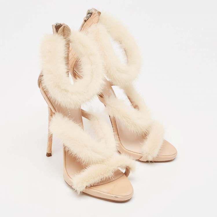 Pre Owned Giuseppe Zanotti Beige Mink Fur and Textured Leather Ankle Strap Sandals Size 37