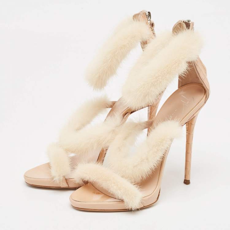 Pre Owned Giuseppe Zanotti Beige Mink Fur and Textured Leather Ankle Strap Sandals Size 37