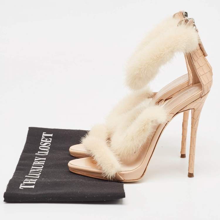 Pre Owned Giuseppe Zanotti Beige Mink Fur and Textured Leather Ankle Strap Sandals Size 37