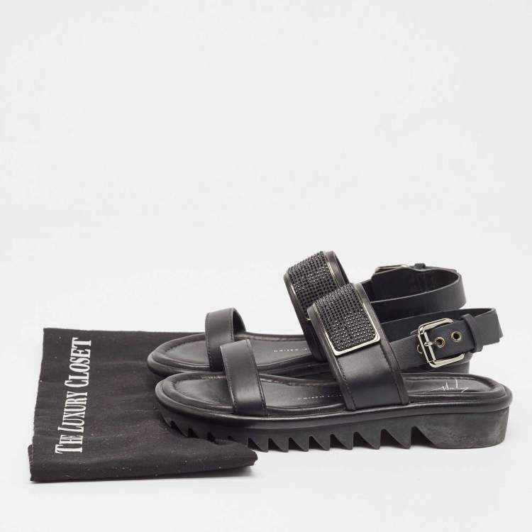 Pre Owned Giuseppe Zanotti Black Leather Crystal Embellished Slingback Sandals Size 37