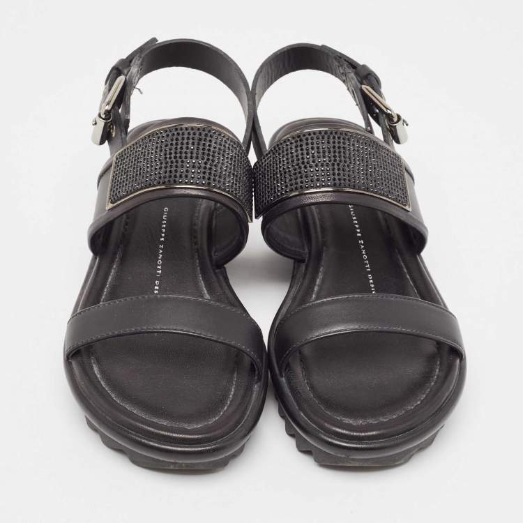 Pre Owned Giuseppe Zanotti Black Leather Crystal Embellished Slingback Sandals Size 37