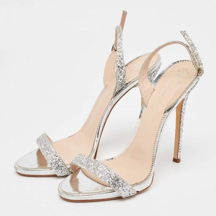 Pre Owned Giuseppe Zanotti Silver Coarse Glitter Slingback Sandals Size 41