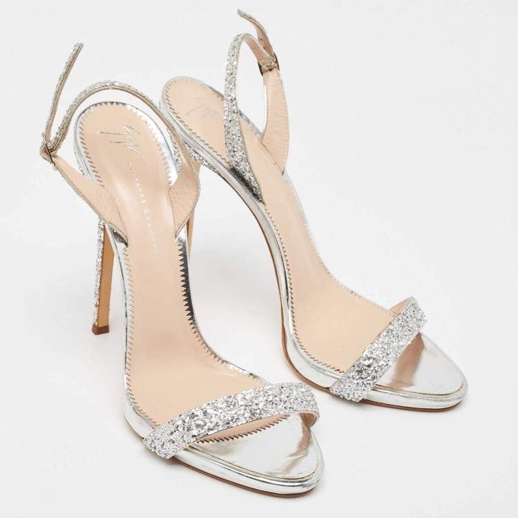 Pre Owned Giuseppe Zanotti Silver Coarse Glitter Slingback Sandals Size 41