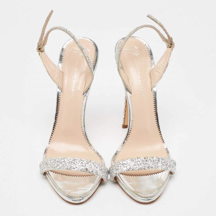 Pre Owned Giuseppe Zanotti Silver Coarse Glitter Slingback Sandals Size 41