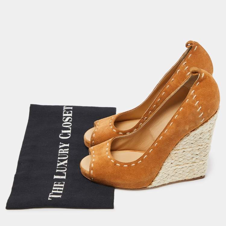 Pre Owned Giuseppe Zanotti Brown Suede Espadrille Wedge Ankle Strap Peep Toe Pumps Size 39
