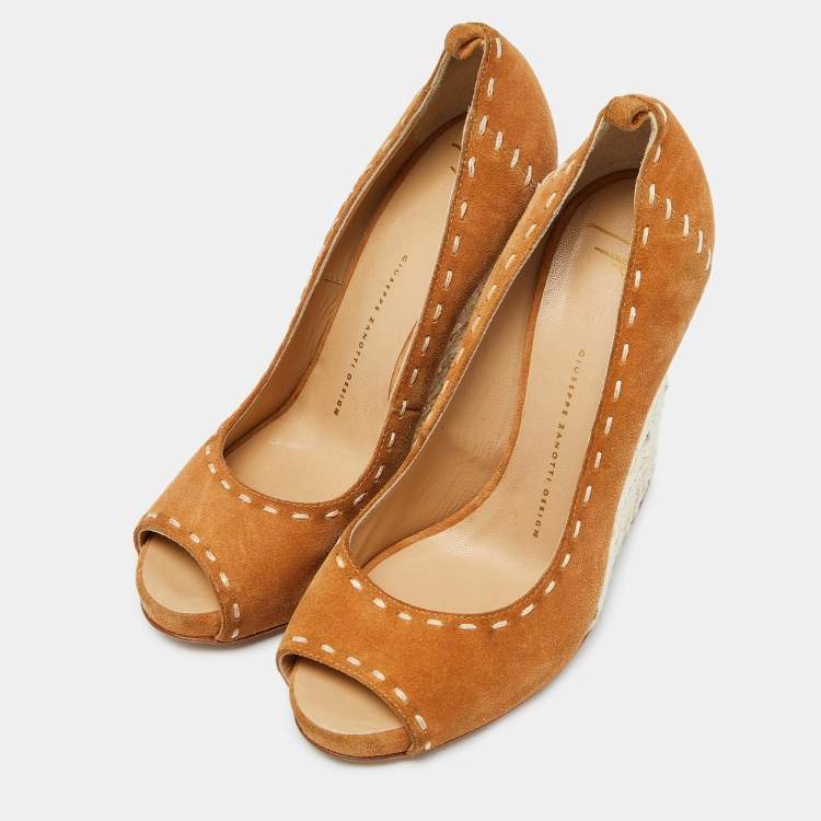 Pre Owned Giuseppe Zanotti Brown Suede Espadrille Wedge Ankle Strap Peep Toe Pumps Size 39