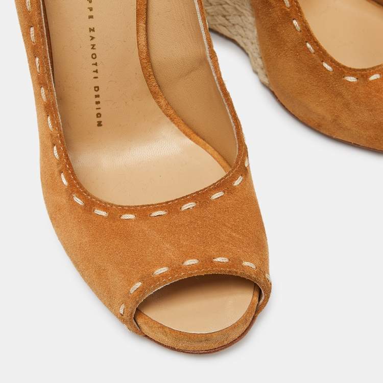 Pre Owned Giuseppe Zanotti Brown Suede Espadrille Wedge Ankle Strap Peep Toe Pumps Size 39