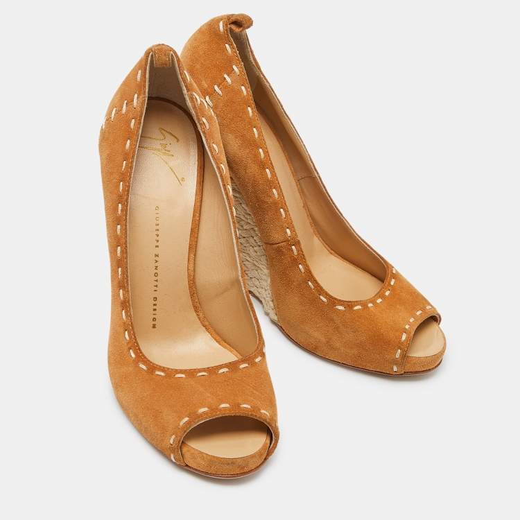 Pre Owned Giuseppe Zanotti Brown Suede Espadrille Wedge Ankle Strap Peep Toe Pumps Size 39