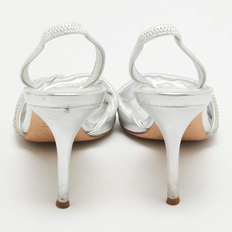 Pre Owned Giuseppe Zanotti Silver Leather Crystal Embellished Slingback Sandals Size 36