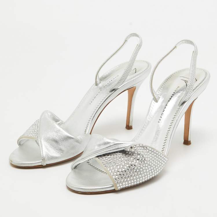 Pre Owned Giuseppe Zanotti Silver Leather Crystal Embellished Slingback Sandals Size 36