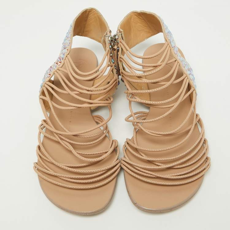 مملوكة مسبقًا Giuseppe Zanotti Beige Suede Crystal Embellished Strappy Flat Sandals Size 38.5