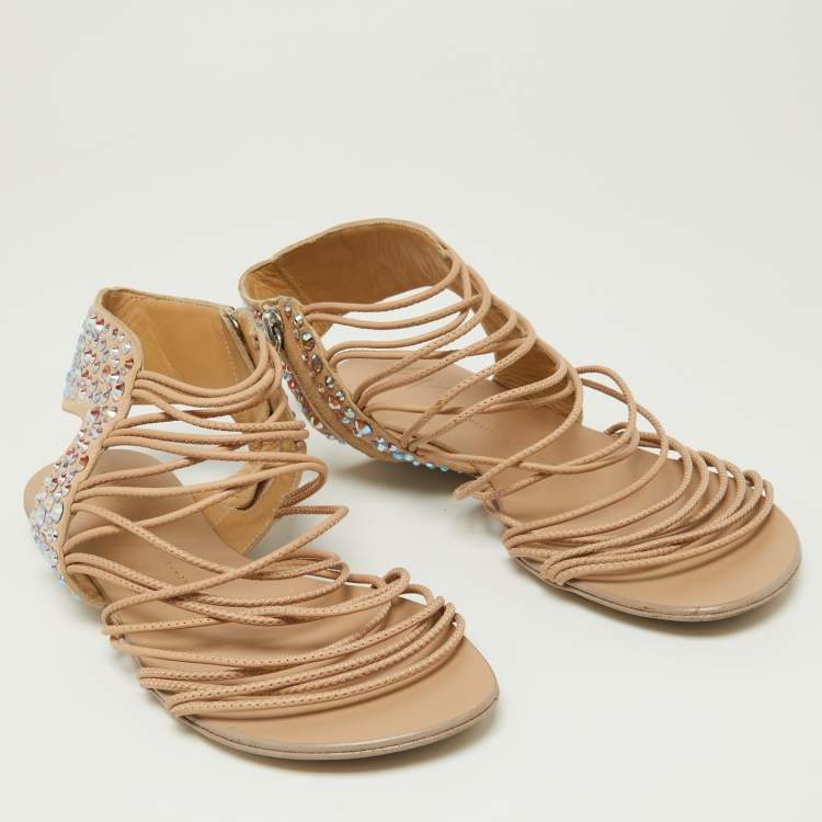 مملوكة مسبقًا Giuseppe Zanotti Beige Suede Crystal Embellished Strappy Flat Sandals Size 38.5