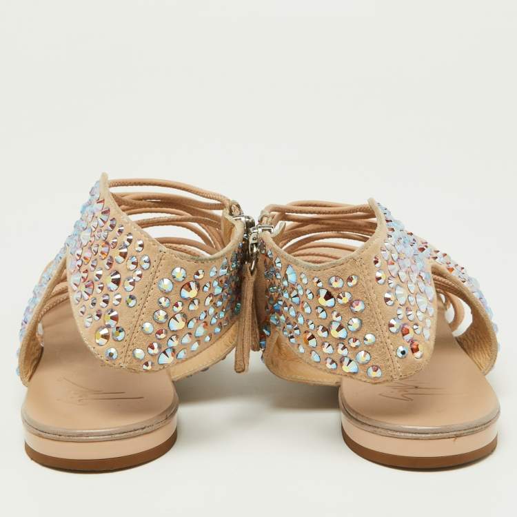 مملوكة مسبقًا Giuseppe Zanotti Beige Suede Crystal Embellished Strappy Flat Sandals Size 38.5
