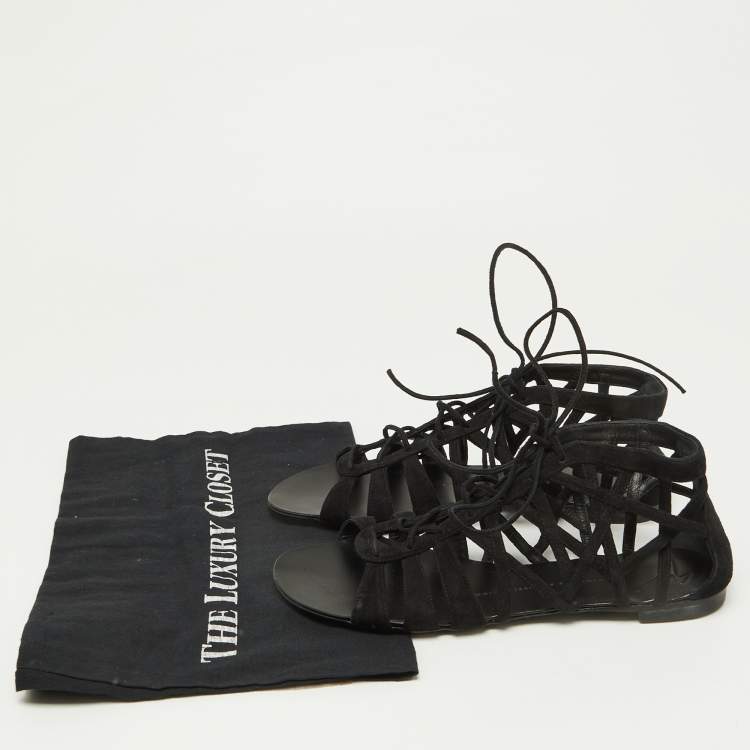 Pre Owned Giuseppe Zanotti Black Suede Strappy Lace Up Flat Sandals Size 38