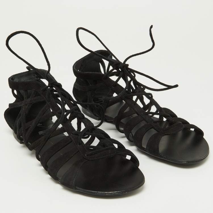 Pre Owned Giuseppe Zanotti Black Suede Strappy Lace Up Flat Sandals Size 38