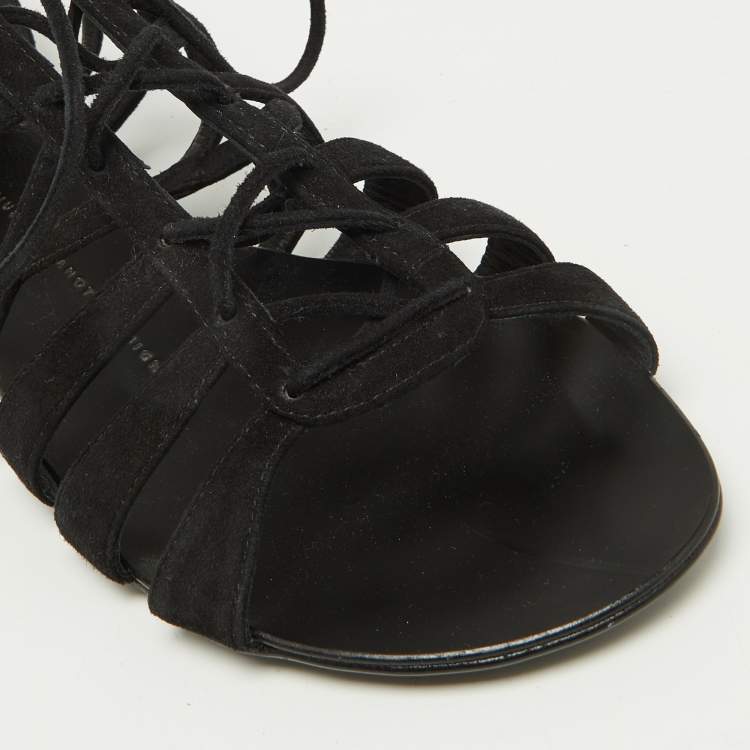 Pre Owned Giuseppe Zanotti Black Suede Strappy Lace Up Flat Sandals Size 38
