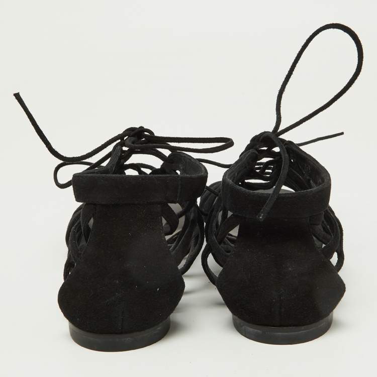 Pre Owned Giuseppe Zanotti Black Suede Strappy Lace Up Flat Sandals Size 38