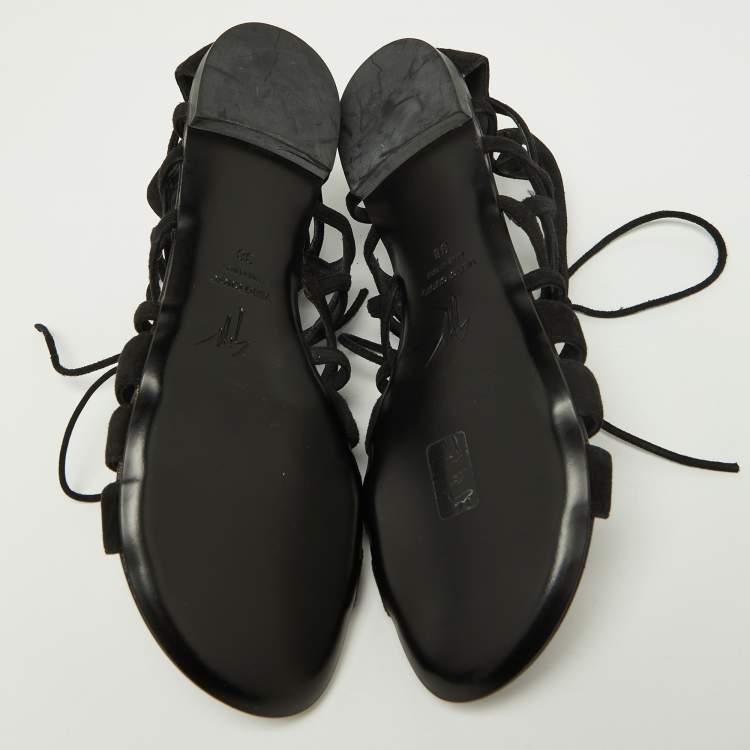 Pre Owned Giuseppe Zanotti Black Suede Strappy Lace Up Flat Sandals Size 38