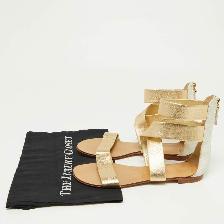 Pre Owned Giuseppe Zanotti Gold/White Python Embossed Leather Ankle Cuff Flat Sandals Size 38