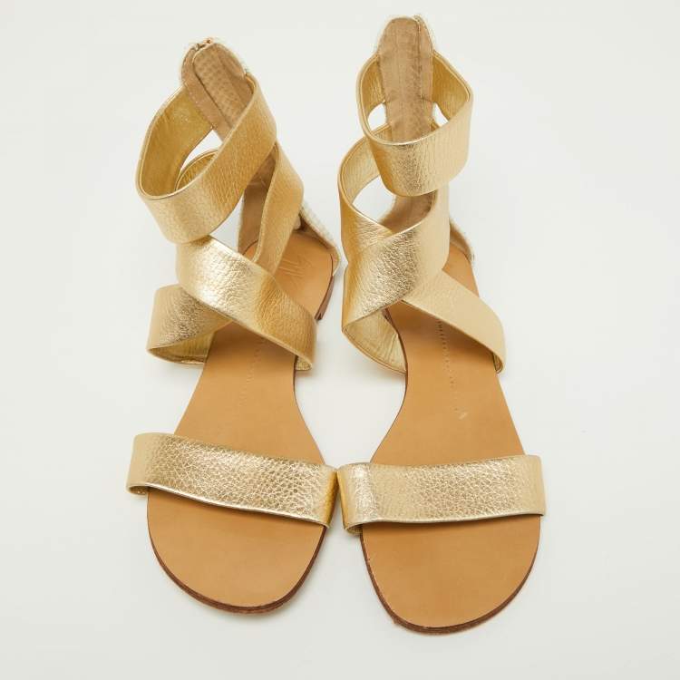 Pre Owned Giuseppe Zanotti Gold/White Python Embossed Leather Ankle Cuff Flat Sandals Size 38
