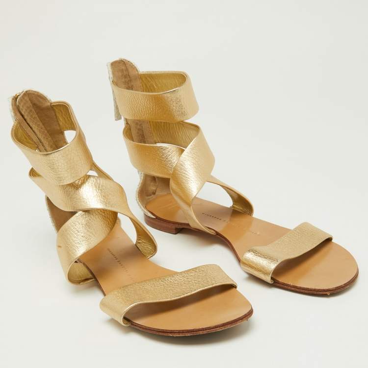Pre Owned Giuseppe Zanotti Gold/White Python Embossed Leather Ankle Cuff Flat Sandals Size 38