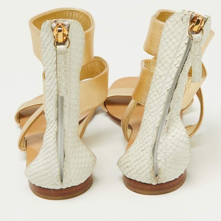 Pre Owned Giuseppe Zanotti Gold/White Python Embossed Leather Ankle Cuff Flat Sandals Size 38