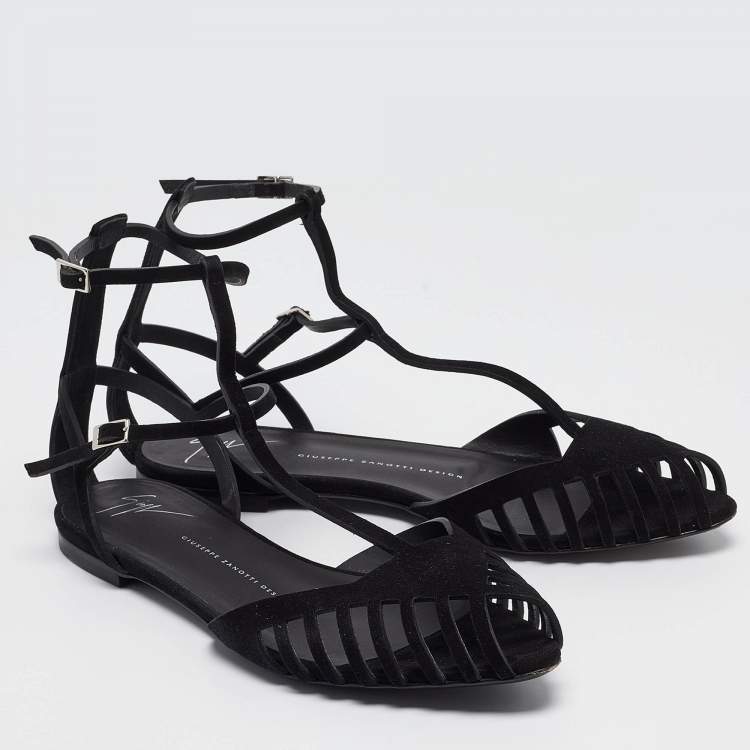 Pre Owned Giuseppe Zanotti Black Suede Ankle Strap Ballet Flats Size 39