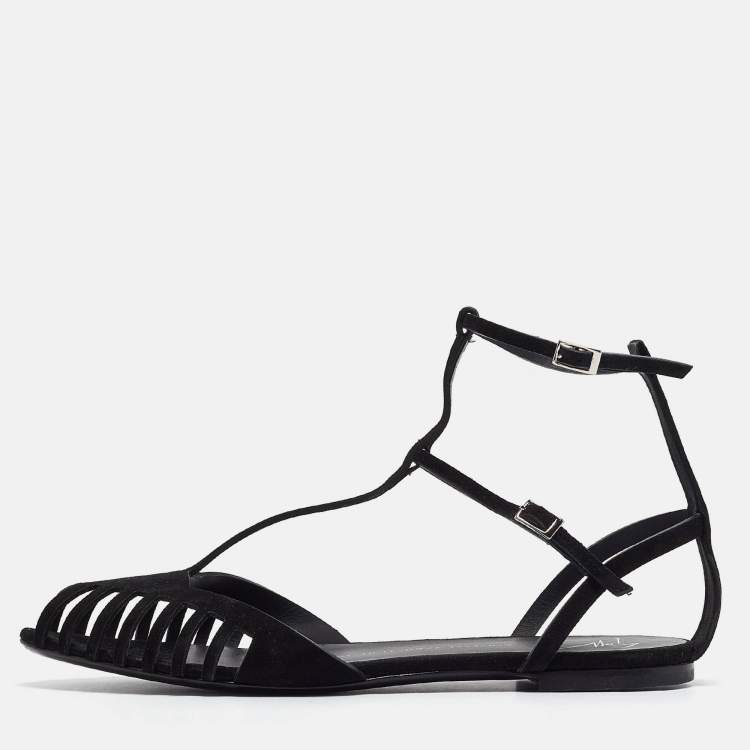 Pre Owned Giuseppe Zanotti Black Suede Ankle Strap Ballet Flats Size 39